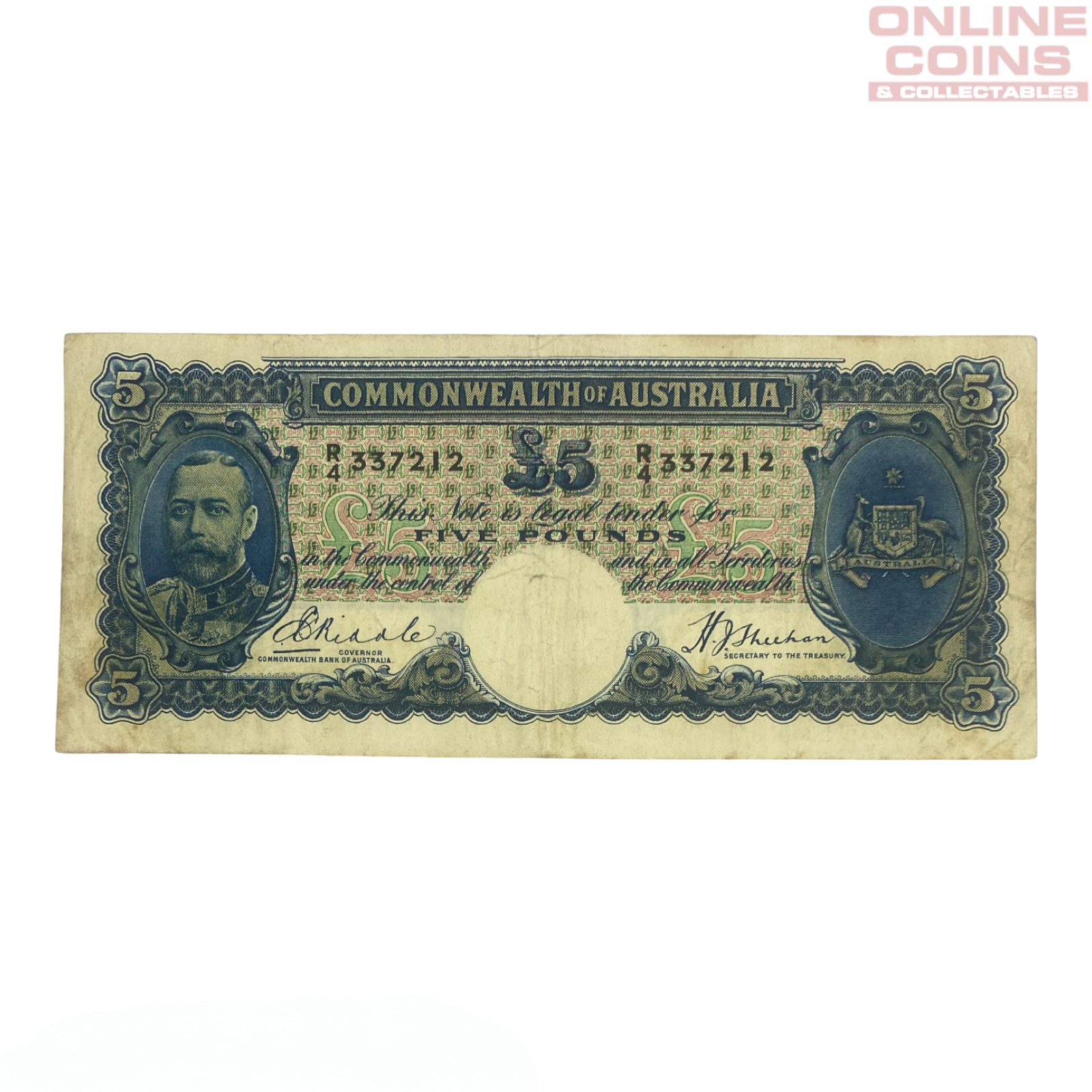 1933 Riddle Sheehan Five Pound Note - Very Good